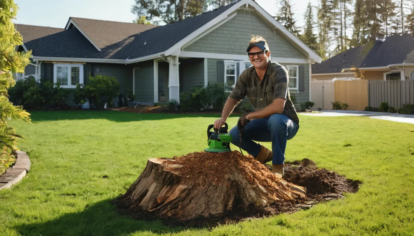 A friendly stump grinding provider working in a backyard near Wauwatosa